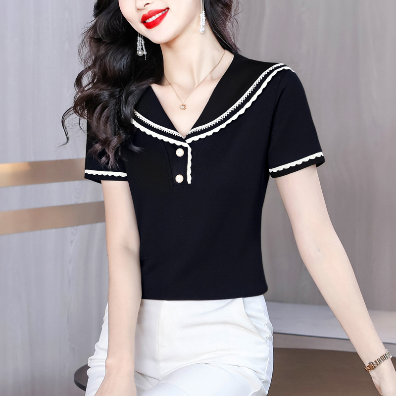 여름 페이크 레이어드 긍정적 인 어깨 반팔 티셔츠 여성 2026 년 새로운 해군 칼라 맨위 반소매 티셔츠 ins 트렌디