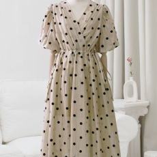 批发新款<b class='q'>清仓</b>捡漏专柜撤回外贸尾单浅卡其色波点泡泡袖抽绳桔梗<b class='q'>连衣裙</b>