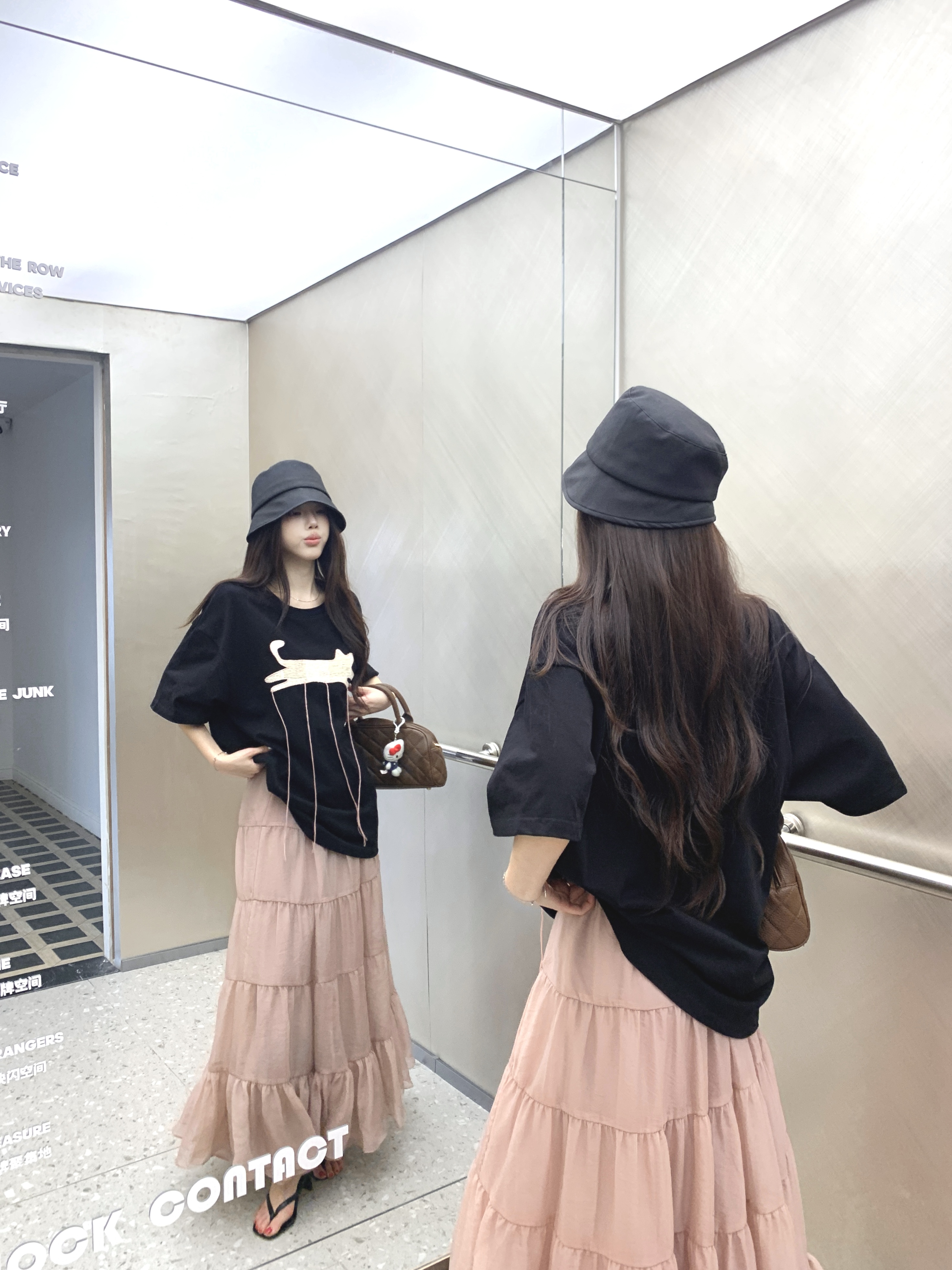 실사 고양이 술 반팔 티셔츠 루즈핏 핑크색 반신 스커트 한 마디 망사 케이크 드레스