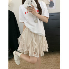 批发大码实拍2026夏季新款不规则蕾丝边半身裙女高腰褶皱<b class='q'>宽松</b>A字短裙