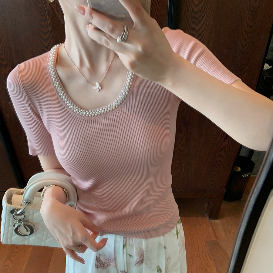 FA28171# 新色DAJOS红标白月光领口钉珠真丝莱赛尔圆领针织T恤女 服裝批發女裝批發服飾貨源