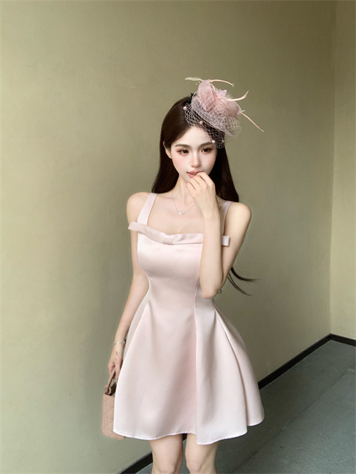 MY4468# 名媛风聚会战裙粉色精致蝴蝶结连衣裙女千金感吊带裙女女裝貨源服裝批發