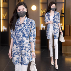 批发国风晕染青花瓷衬衫外套2026秋新宽松遮肚显瘦中长款开衫防晒衣