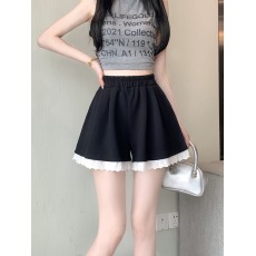 批发韩国东大门2025春夏新款休闲蕾丝边拼接松紧高腰阔腿裤百搭短裤女