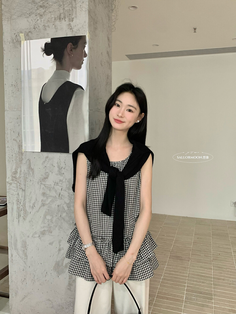 2026 여름 새로운 한 부서 루즈핏 체크무늬 프릴 밑단 체크무늬 조끼