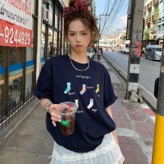 批发小袜子印花短袖2025春夏新款小众设计ins风百搭宽松T恤<b class='q'>女</b>