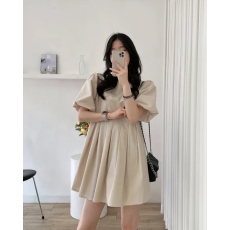 尺寸已更新 韩国chic 减龄圆领泡泡灯笼袖百褶连衣裙