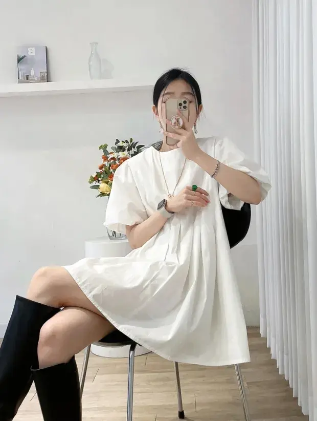 퍼프소매 라운드넥 백주름 원피스 상세 이미지 7
