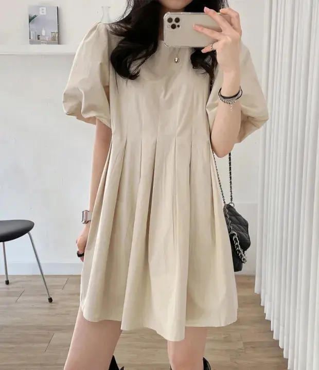 퍼프소매 라운드넥 백주름 원피스 상세 이미지 19
