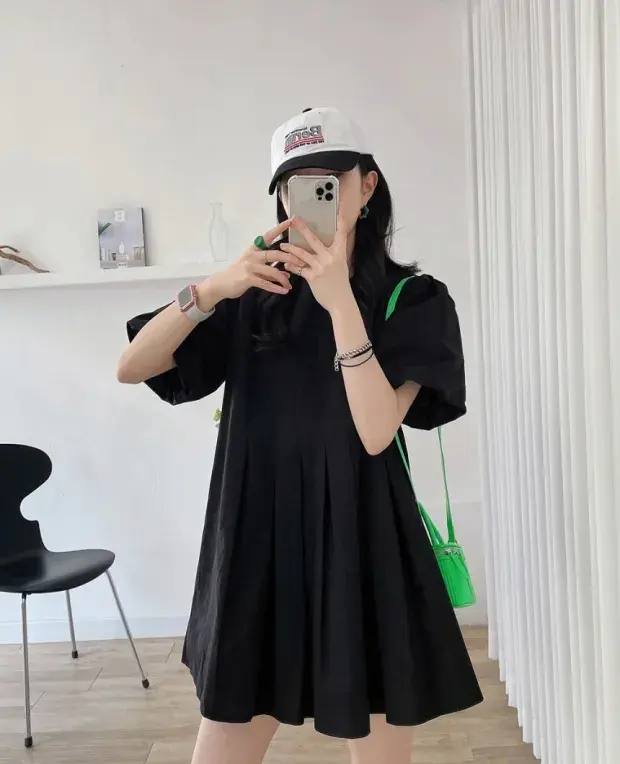 퍼프소매 라운드넥 백주름 원피스 상세 이미지 24