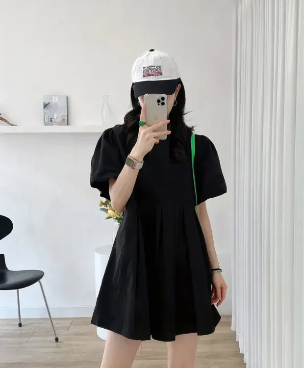 퍼프소매 라운드넥 백주름 원피스 상세 이미지 25