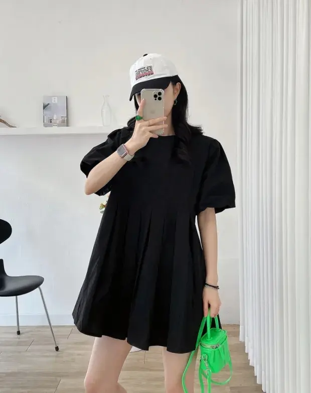 퍼프소매 라운드넥 백주름 원피스 상세 이미지 26