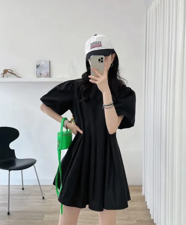 퍼프소매 라운드넥 백주름 원피스 상세 이미지 31