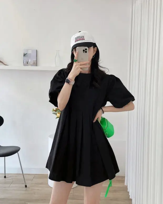 퍼프소매 라운드넥 백주름 원피스 상세 이미지 33