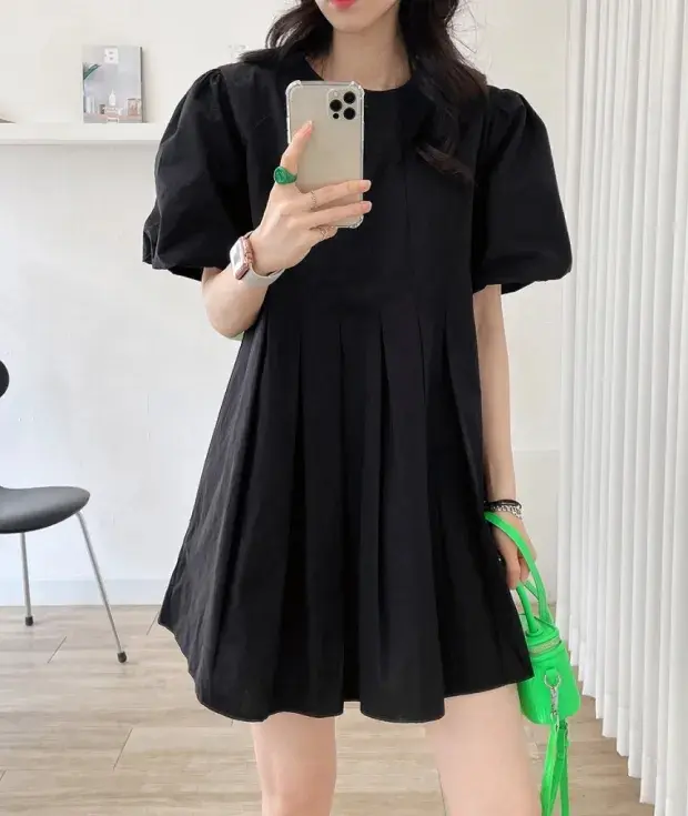 퍼프소매 라운드넥 백주름 원피스 상세 이미지 34