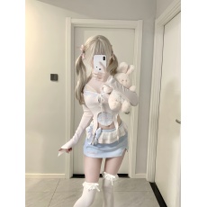 批发实拍实价少女椰甜品系<b class='q'>糖果</b>甜偶印花吊带+粉<b class='q'>色</b>针织<b class='q'>开衫</b>+蓝<b class='q'>色</b>包臀裙