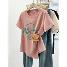批发实拍2026夏<b class='q'>装</b>新款胖mm大码女休闲百搭不规则印花字母短袖T恤
