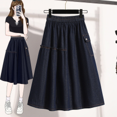 批发实拍春新款大码宽松A字中长款牛仔裙胖MM显瘦弹力大摆裙半身裙