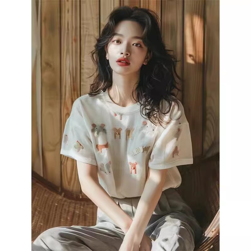 달콤한 매운맛 초여름 얇은 스타일 chic 화이트 인쇄 꽃무늬 작은 동물 라운드 넥 반팔 티셔츠 아마 루즈핏 느긋한 맨위