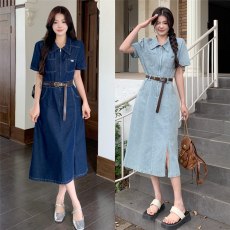 批发<b class='q'>大码</b>女装短袖牛仔连衣裙2026夏季新款遮肉显瘦胖mm开叉中长裙子