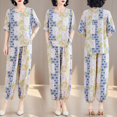 批发<b class='q'>夏</b>季新款时尚阔脚裤套装女休闲人造棉绵绸中老年外穿大码两件套女