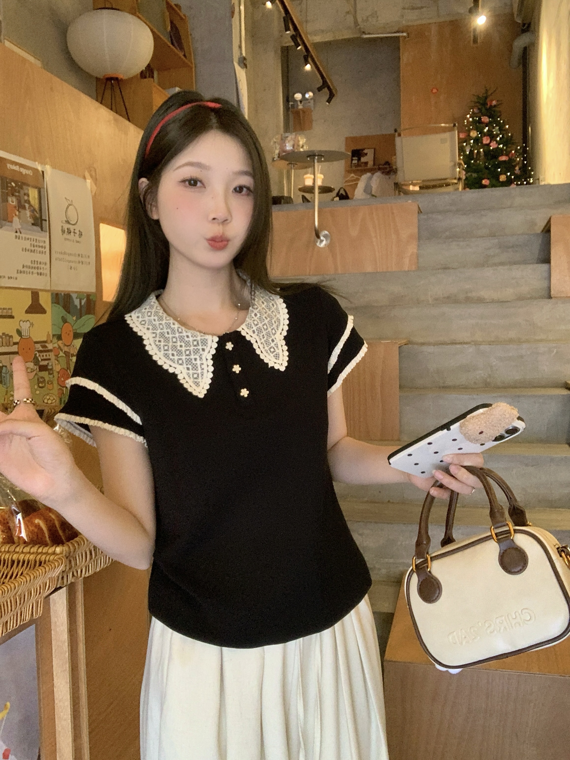 大码甜美学院风蕾丝领拼色翻领显瘦气质短袖T恤女夏 服裝批發女裝批發服飾貨源