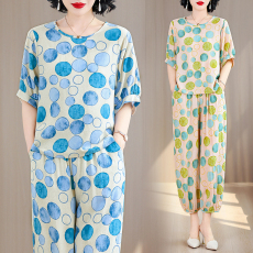 批发<b class='q'>夏</b>季新款时尚阔脚裤套装女休闲人造棉绵绸中老年外穿大码两件套女