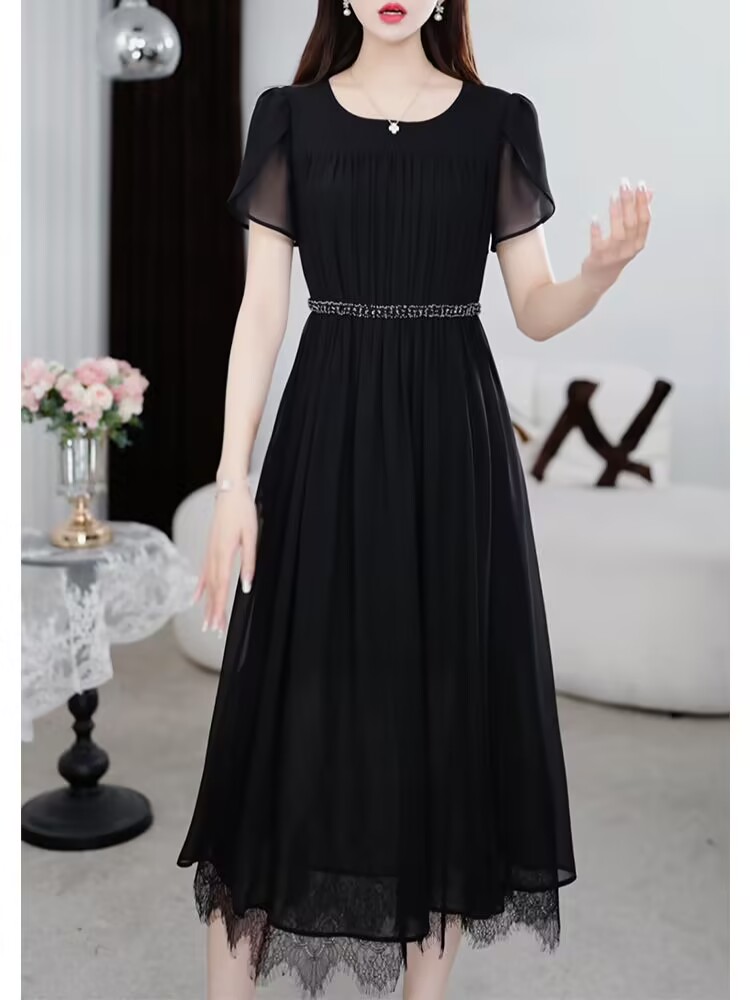 MY8034# 新款夏季连衣裙黑色赫本风春夏显瘦气质优雅时尚蕾丝拼接裙子女裝貨源服裝批發