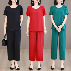 批发棉绸阔腿裤套装女酒红色<b class='q'>夏</b>季大码时尚外穿度假纯色人造棉绵两件套