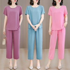 批发棉绸阔腿裤套装女酒红色<b class='q'>夏</b>季大码时尚外穿度假纯色人造棉绵两件套