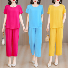 批发棉绸阔腿裤套装女酒红色<b class='q'>夏</b>季大码时尚外穿度假纯色人造棉绵两件套