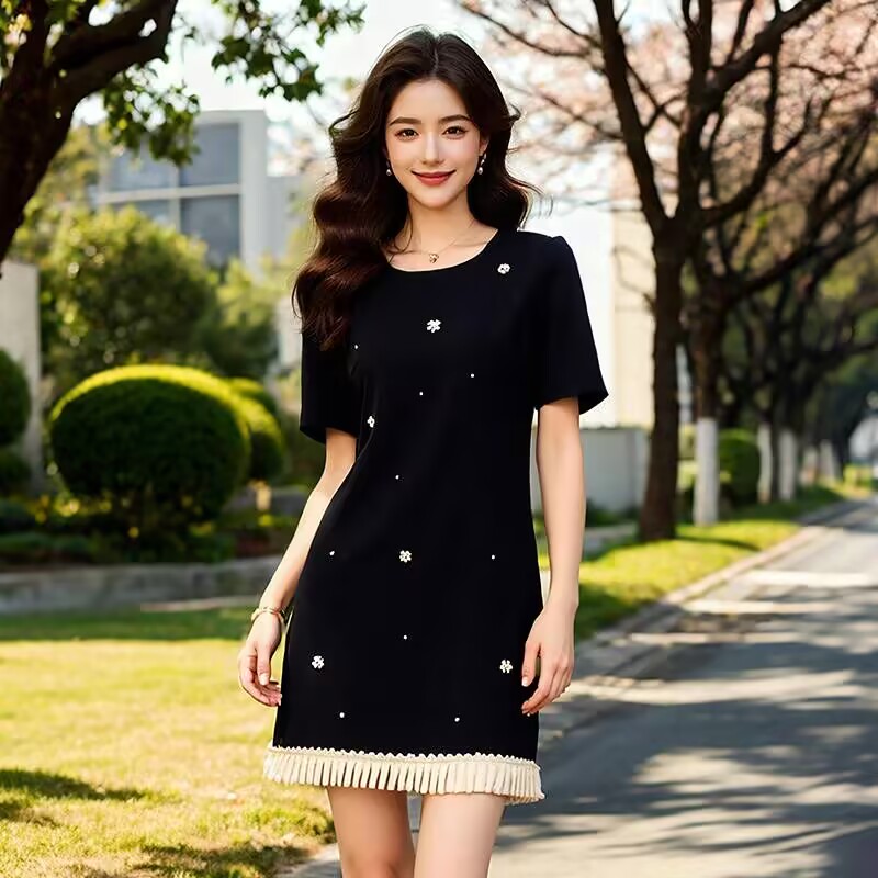 FA25981# 大码女装气质连衣裙女夏季夏季钉珠减龄花边时尚裙子 服裝批發女裝批發服飾貨源