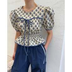 批发有 货韩国chic <b class='q'>春</b>夏新款碎花系带短袖收腰上衣
