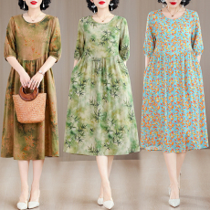 批发气质棉绸<b class='q'>连衣裙</b>女2025夏新款时尚洋气<b class='q'>人造棉</b>五分袖宽松中长款裙子