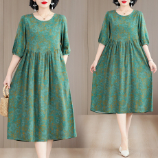 批发气质棉绸<b class='q'>连衣裙</b>女2025夏新款时尚洋气<b class='q'>人造棉</b>五分袖宽松中长款裙子