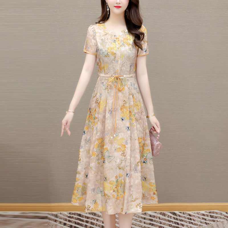 MY7978# 真丝桑蚕丝连衣裙女夏季新款香云纱高端大码胖mm显瘦妈妈印花...