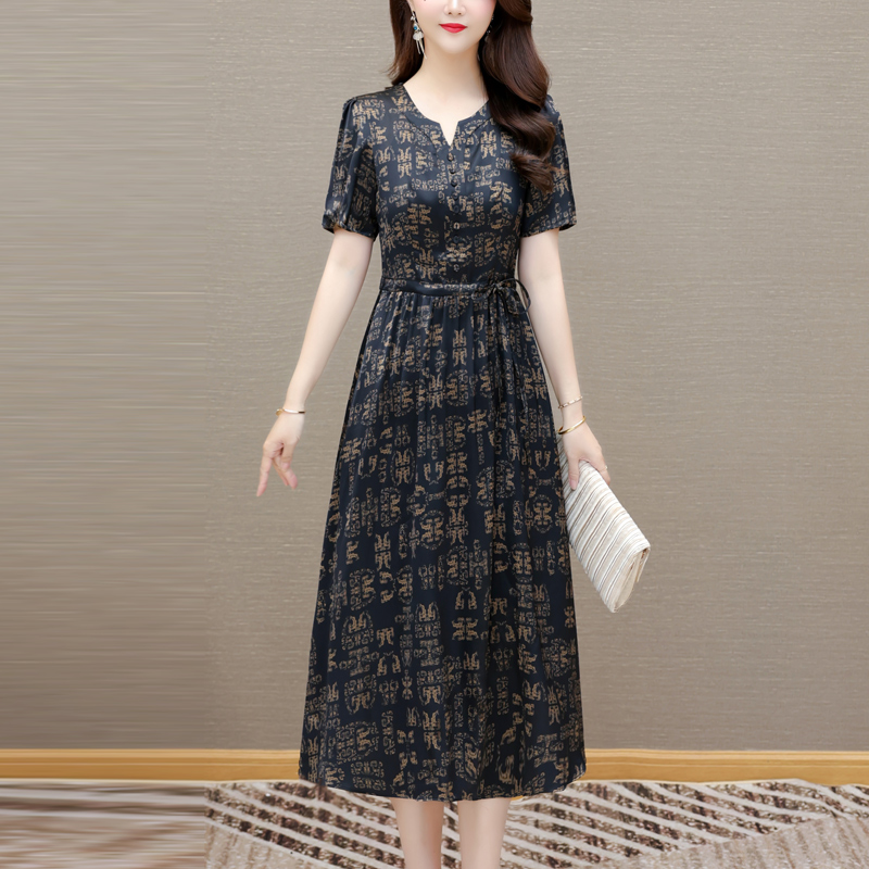 MY7977# 真丝桑蚕丝连衣裙女夏季新款香云纱高端大码胖mm显瘦妈妈印花...