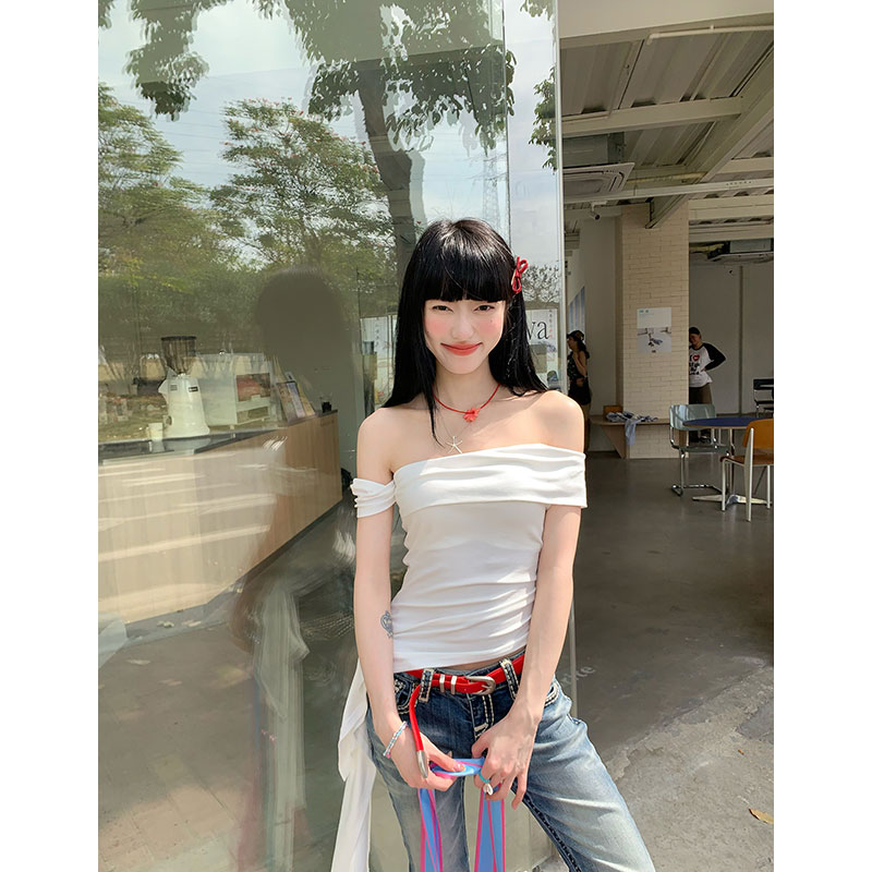 순수한 욕망 핫걸 오프숄더 튜브탑 티셔츠 여성 여름 섹시함 품격 chic 허리 수축 오프숄더 작은 대중 맨위