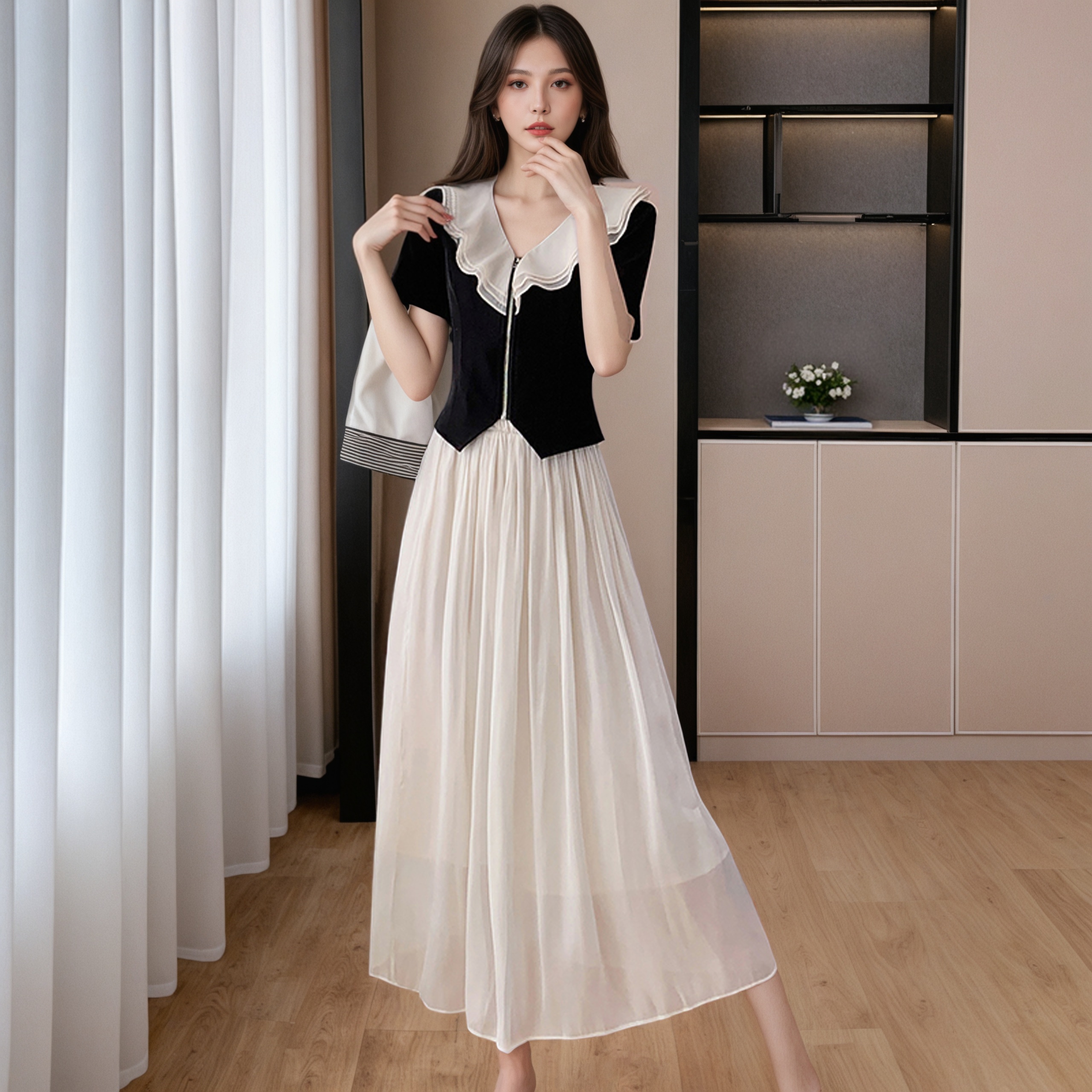 MY4459# 夏季新款时尚荷叶领拉链上衣甜美温柔气质半身裙爆款两件套女女裝貨源服裝批發