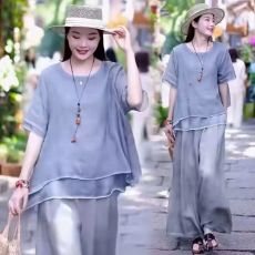 批发新款文艺复古<b class='q'>棉麻</b>套装<b class='q'>女</b>2026夏季新民族风宽松显瘦遮肚气质两件套
