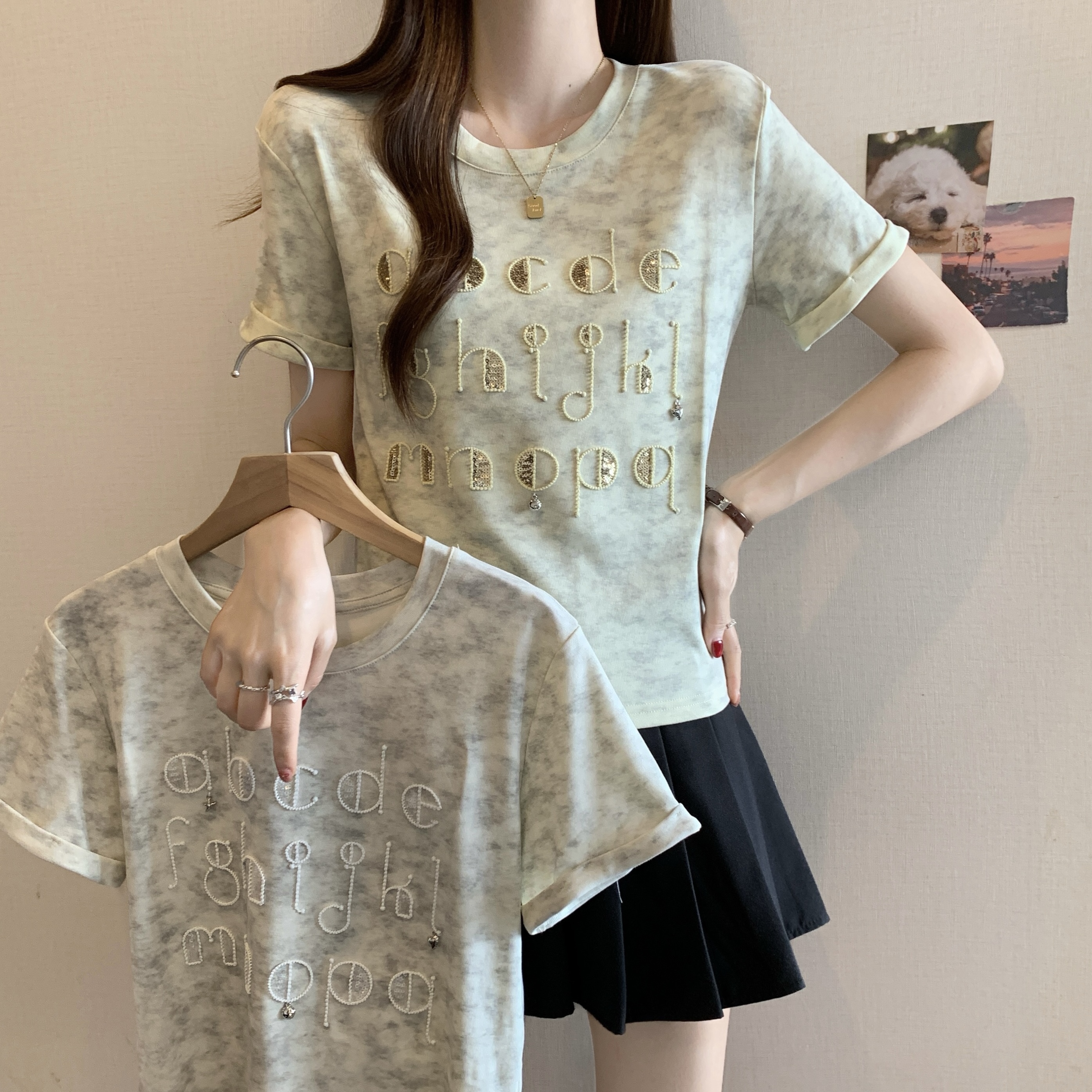 FA34403# 短袖T恤女夏季新款设计感刺绣字母上衣重工亮片百搭小衫 服裝批發女裝批發服飾貨源