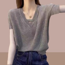 批发设计感v领冰丝针织衫短袖T恤女士夏季大码遮肚显瘦洋气<b class='q'>欧洲站</b>上衣