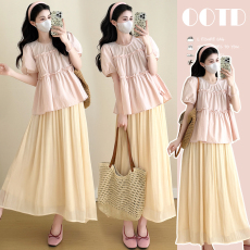 实拍现~孕妇套装夏日小清新孕妇装泡泡袖上衣半身裙套装