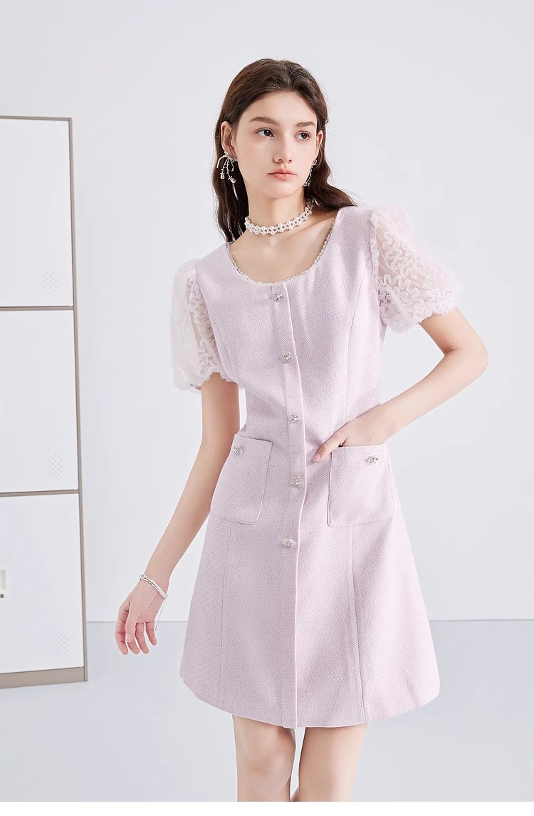 FA25984# 圆领蕾丝拼接泡泡袖连衣裙女夏季新款女装设计感裙子 服裝批發女裝批發服飾貨源