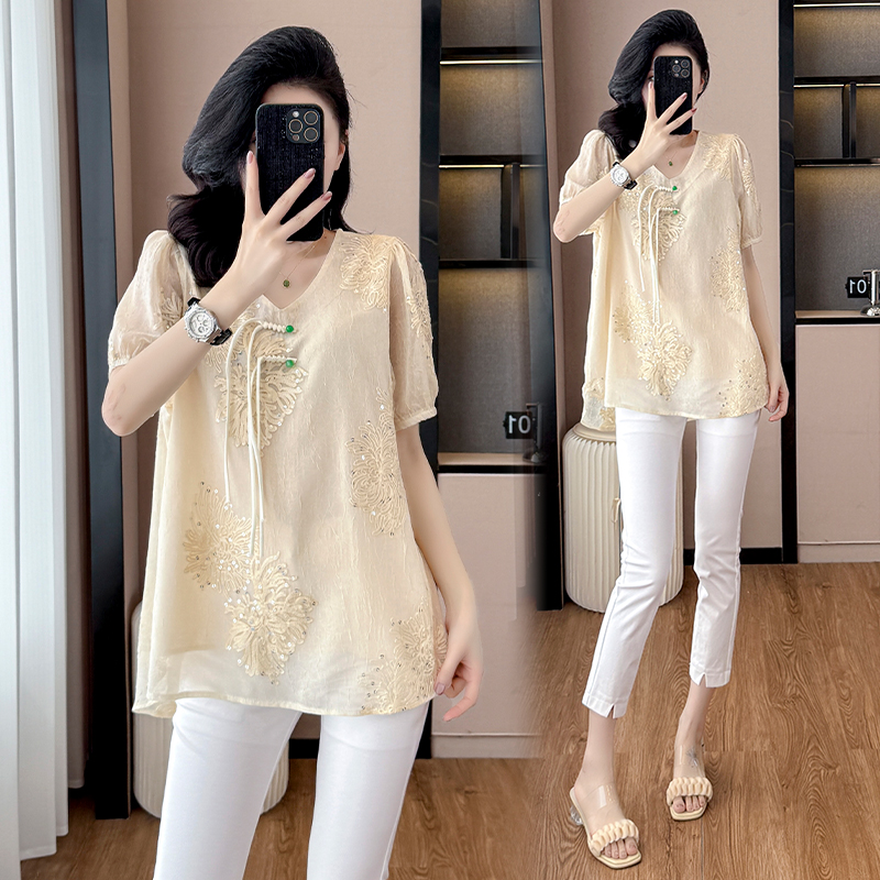 MY3785# 大码女装T恤夏季新品遮肉显瘦雪纺气质上衣女裝貨源服裝批發