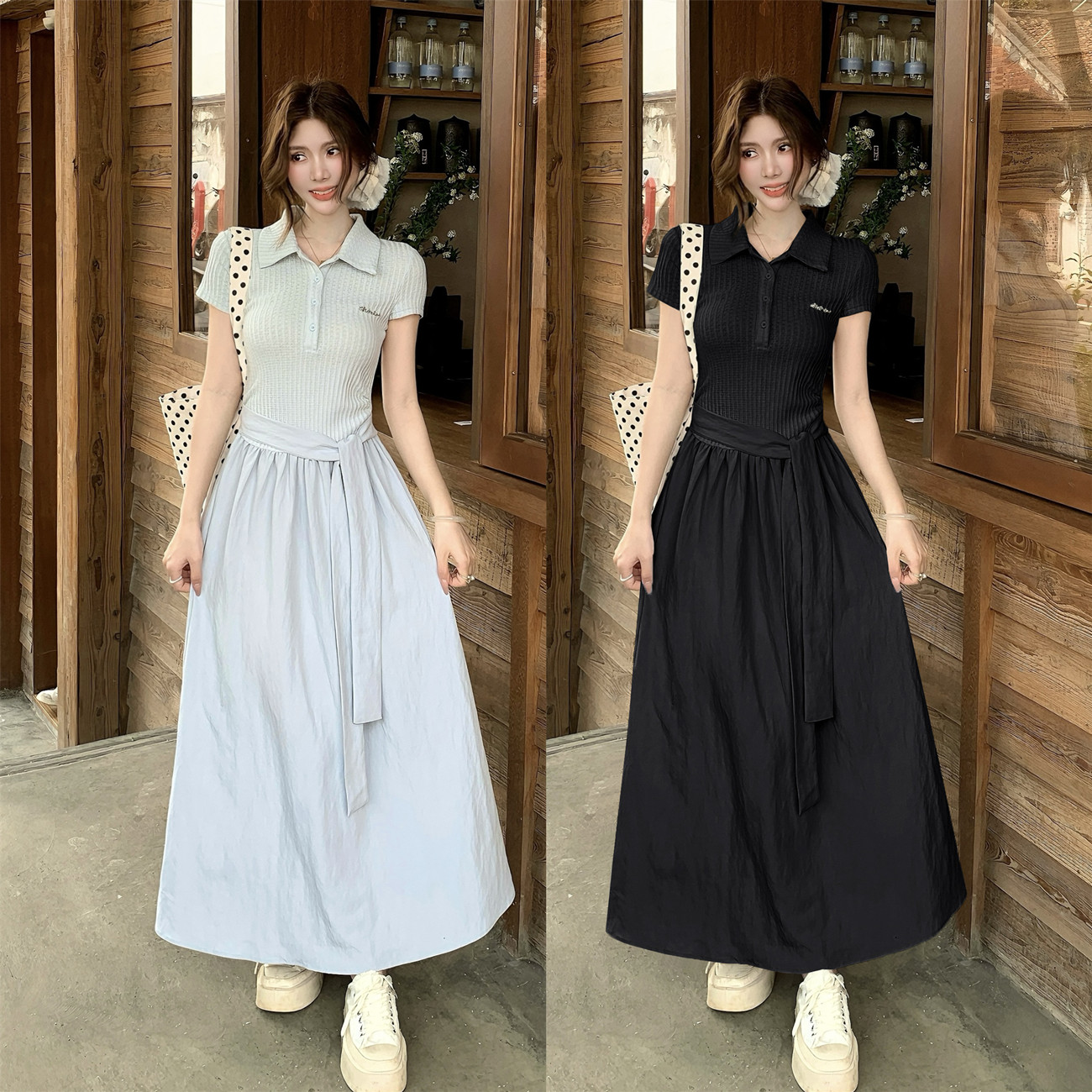 RY3869# 实拍 大码胖mm短袖连衣裙夏季高级感气质翻领收腰显瘦拼接T恤长裙