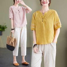 批发2026棉麻提花上衣刺绣套装<b class='q'>大码</b>夏季中老年妈妈棉麻套装两件套洋气