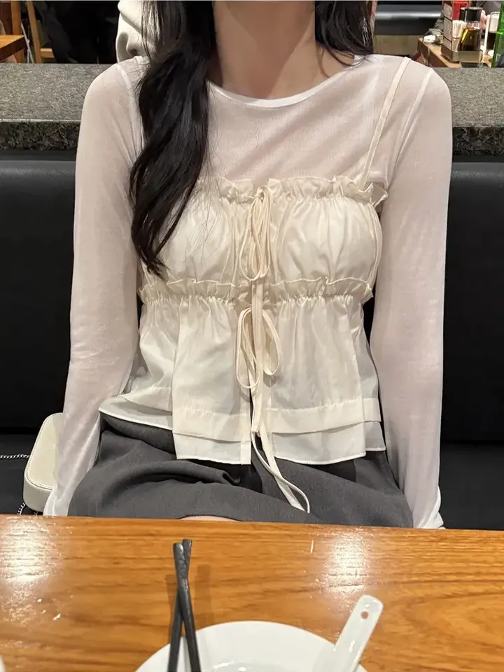러플 리본 끈 민소매 탑 상세 이미지 5