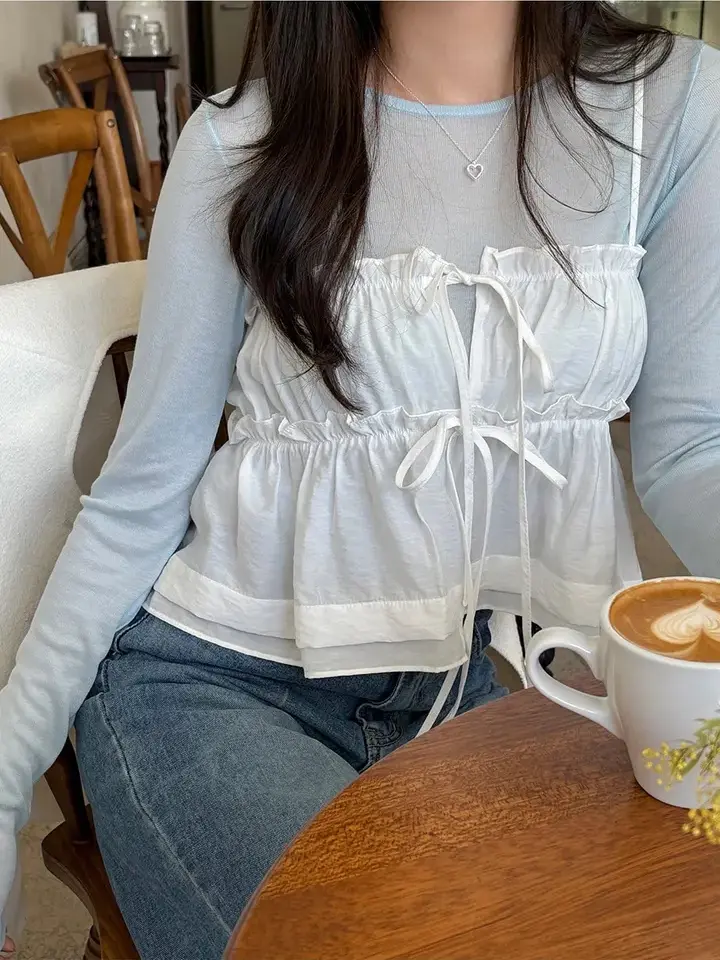 러플 리본 끈 민소매 탑 상세 이미지 10
