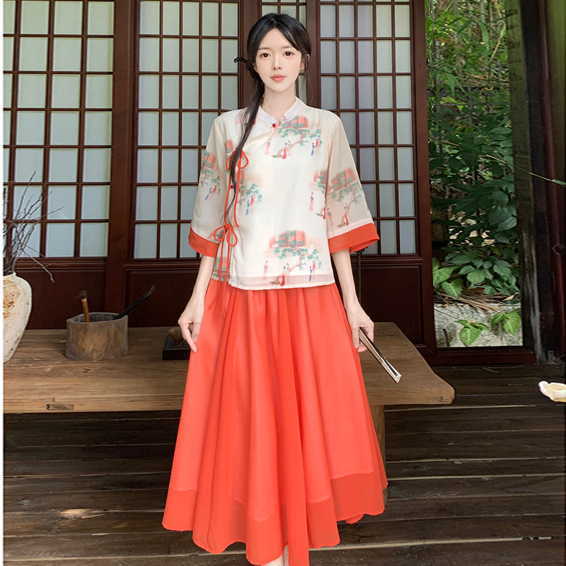RY1703# 大码女装夏季新款新中式改良盘扣国风印花上衣+半身裙两件套